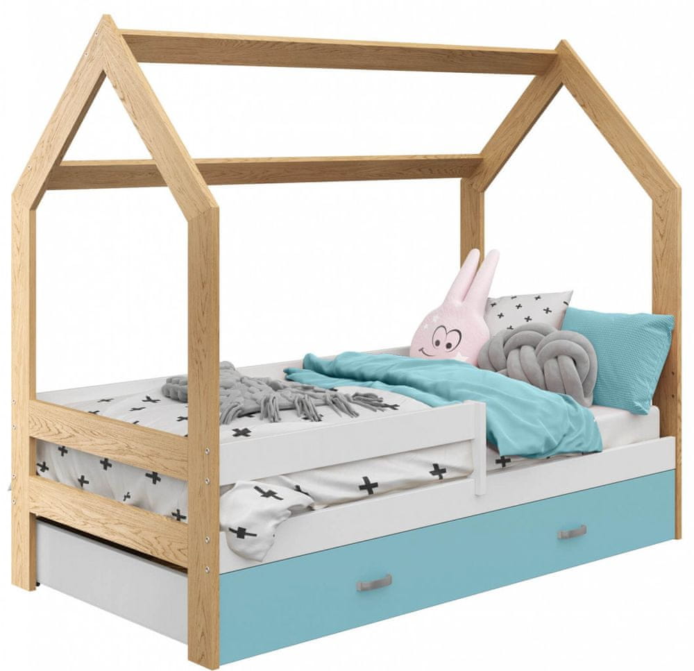 eoshop Detská posteľ Domček 80x160 cm D3, rošt ZADARMO - borovica, zábrana: biela, úlož. jednoducho: modrá, matracu: s matracom